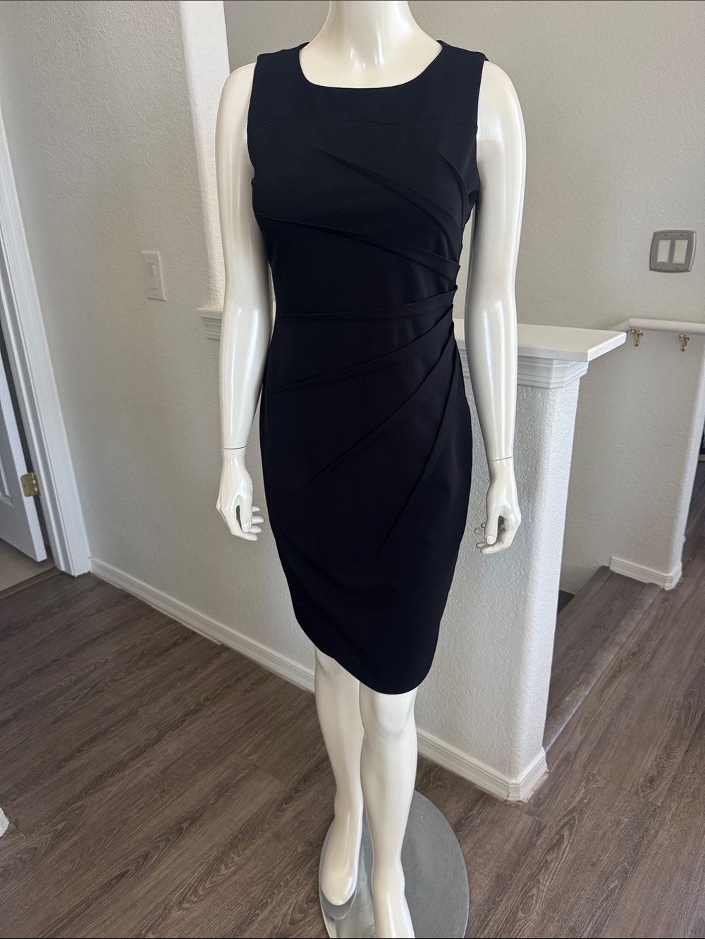 Calvin Klein Black Sleeveless Sheath Dress with Draped Paneling